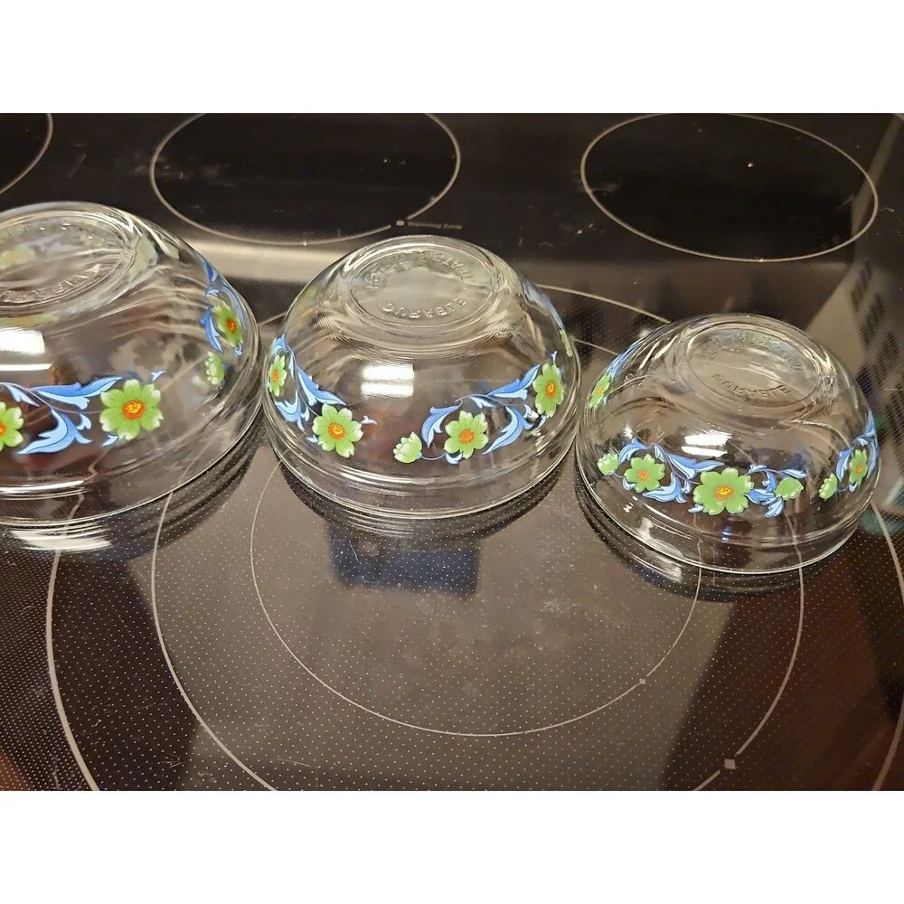 Set Of 4 Imperial Glass Green Sunflower Blue Leaves Nesting Bowls EUC